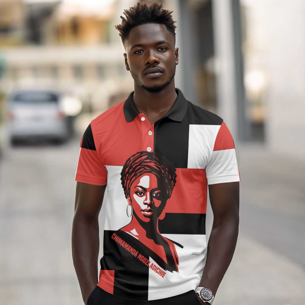 Chimamanda Ngozi Adichie Polo Shirt with Bold Red Portrait, We Should All Be Feminists Quote - Wonder Print Shop