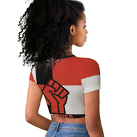 Chimamanda Ngozi Adichie Raglan Cropped T shirt with Bold Red Portrait, We Should All Be Feminists Quote - Wonder Print Shop