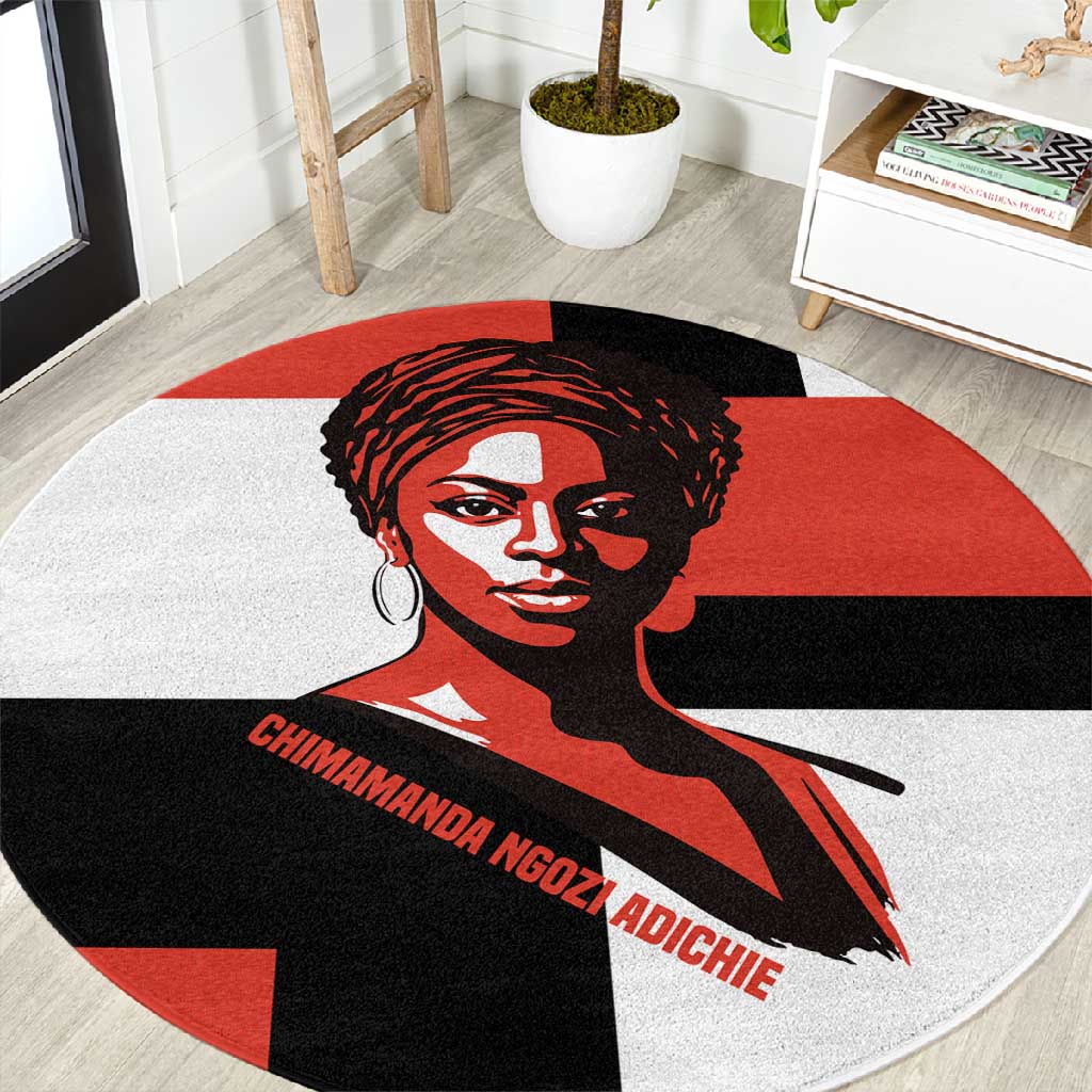 Chimamanda Ngozi Adichie Round Carpet with Bold Red Portrait, We Should All Be Feminists Quote - Wonder Print Shop