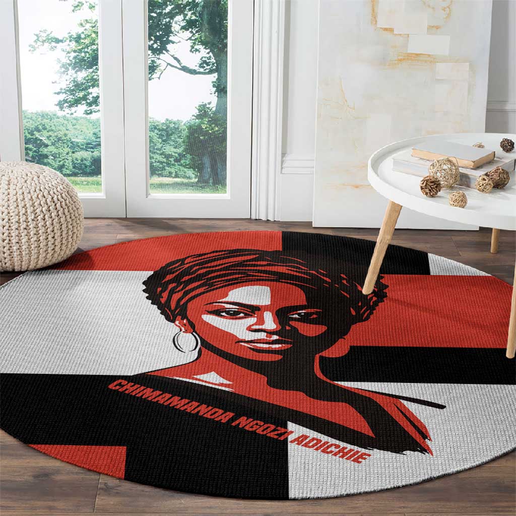 Chimamanda Ngozi Adichie Round Carpet with Bold Red Portrait, We Should All Be Feminists Quote - Wonder Print Shop
