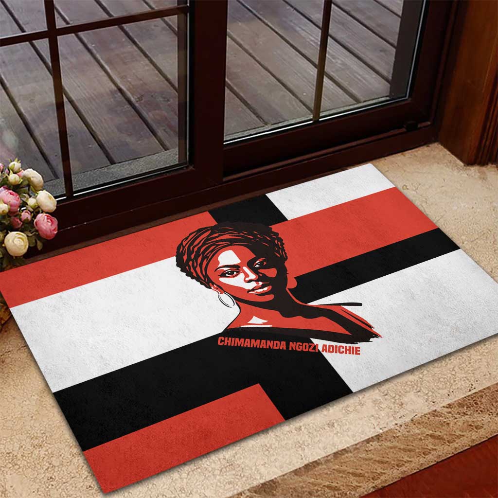 Chimamanda Ngozi Adichie Rubber Doormat with Bold Red Portrait, We Should All Be Feminists Quote - Wonder Print Shop
