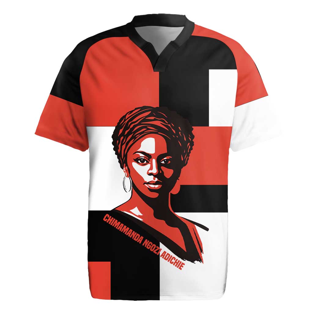 Chimamanda Ngozi Adichie Rugby Jersey with Bold Red Portrait, We Should All Be Feminists Quote - Wonder Print Shop