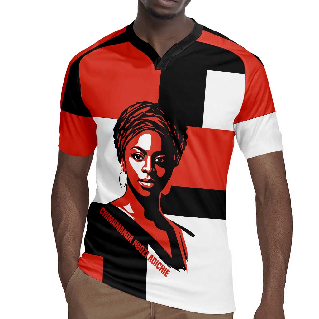 Chimamanda Ngozi Adichie Rugby Jersey with Bold Red Portrait, We Should All Be Feminists Quote - Wonder Print Shop