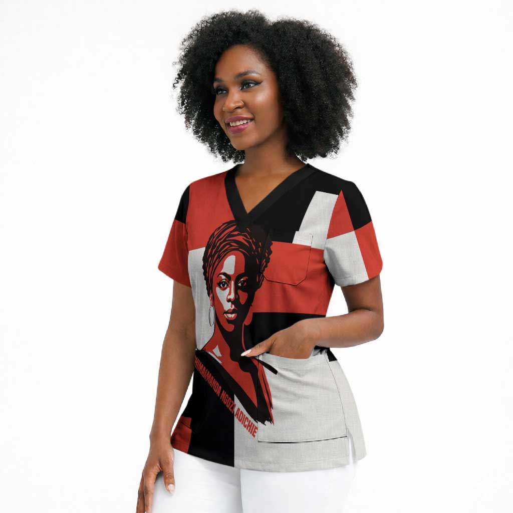Chimamanda Ngozi Adichie Scrub Top with Bold Red Portrait, We Should All Be Feminists Quote - Wonder Print Shop