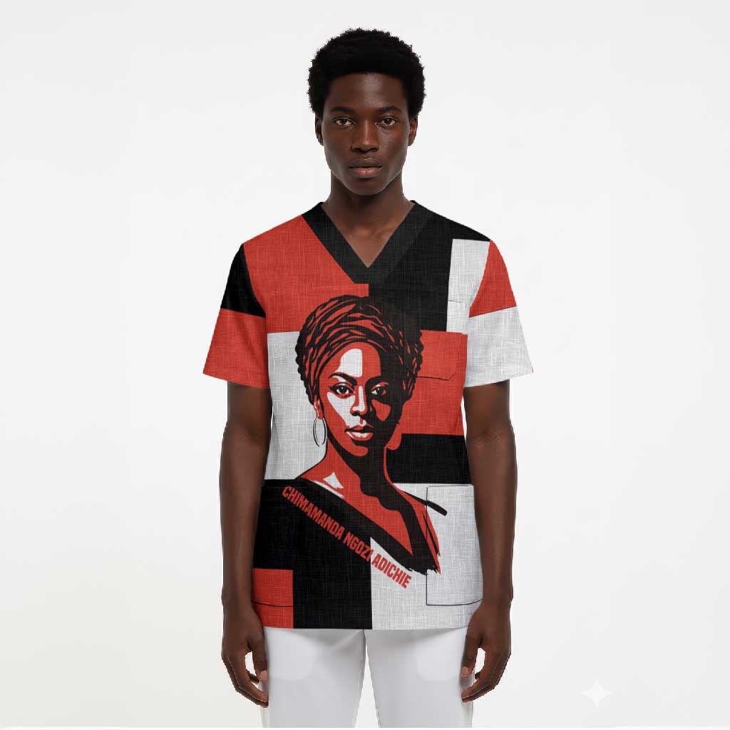 Chimamanda Ngozi Adichie Scrub Top with Bold Red Portrait, We Should All Be Feminists Quote - Wonder Print Shop