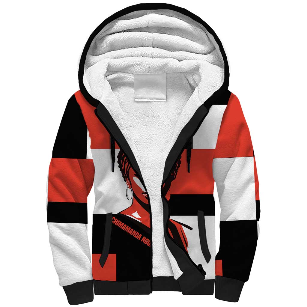 Chimamanda Ngozi Adichie Sherpa Hoodie with Bold Red Portrait, We Should All Be Feminists Quote - Wonder Print Shop