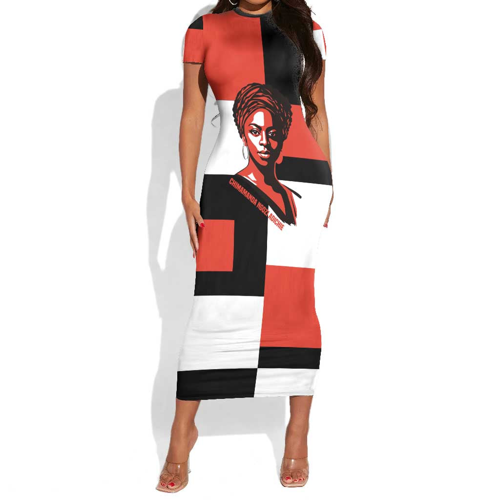 Chimamanda Ngozi Adichie Short Sleeve Bodycon Dress with Bold Red Portrait, We Should All Be Feminists Quote - Wonder Print Shop