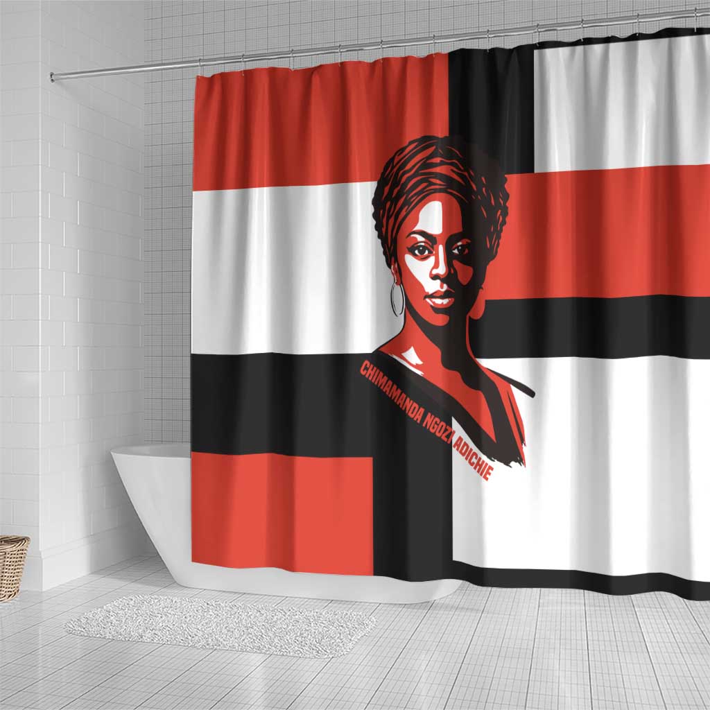 Chimamanda Ngozi Adichie Shower Curtain with Bold Red Portrait, We Should All Be Feminists Quote - Wonder Print Shop