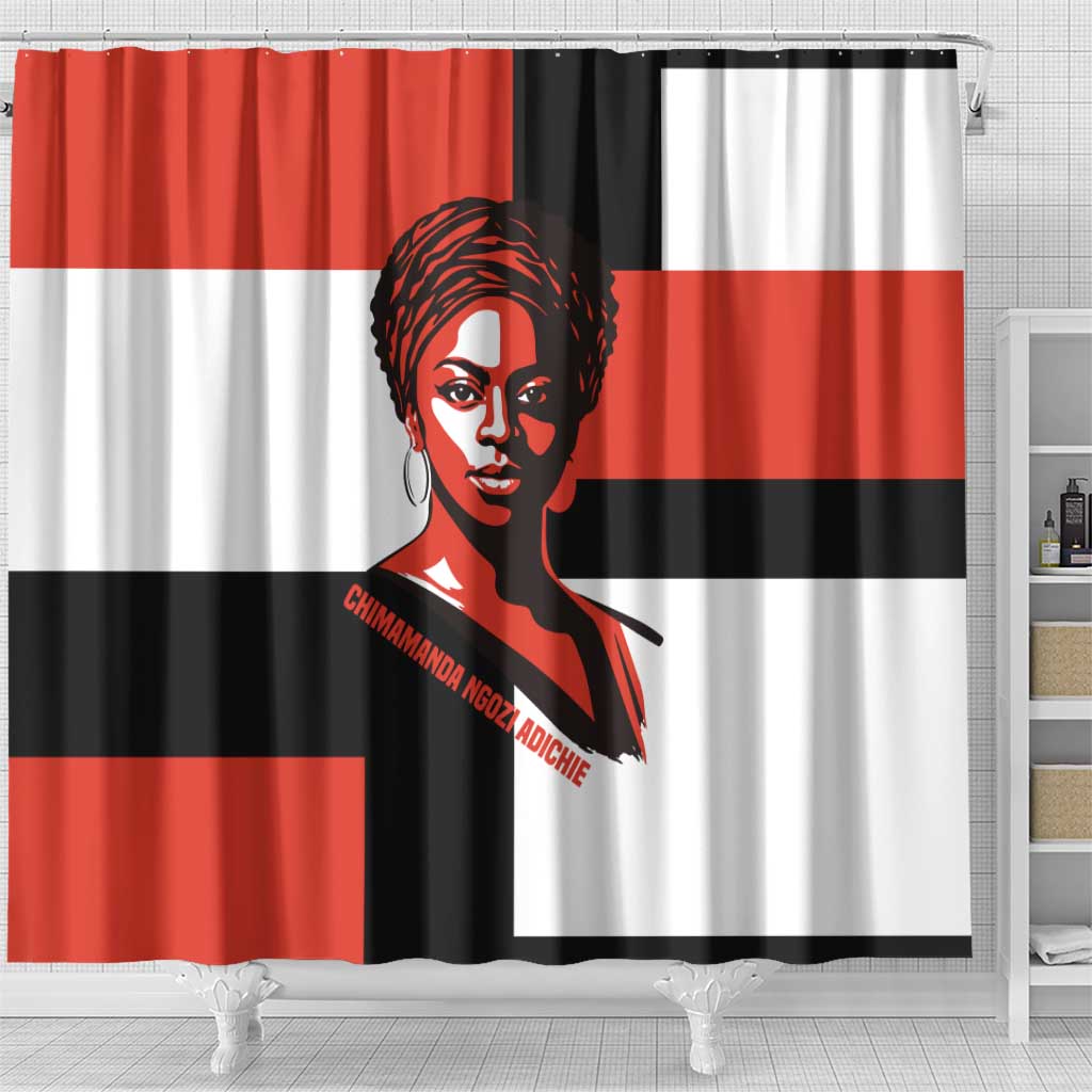 Chimamanda Ngozi Adichie Shower Curtain with Bold Red Portrait, We Should All Be Feminists Quote - Wonder Print Shop