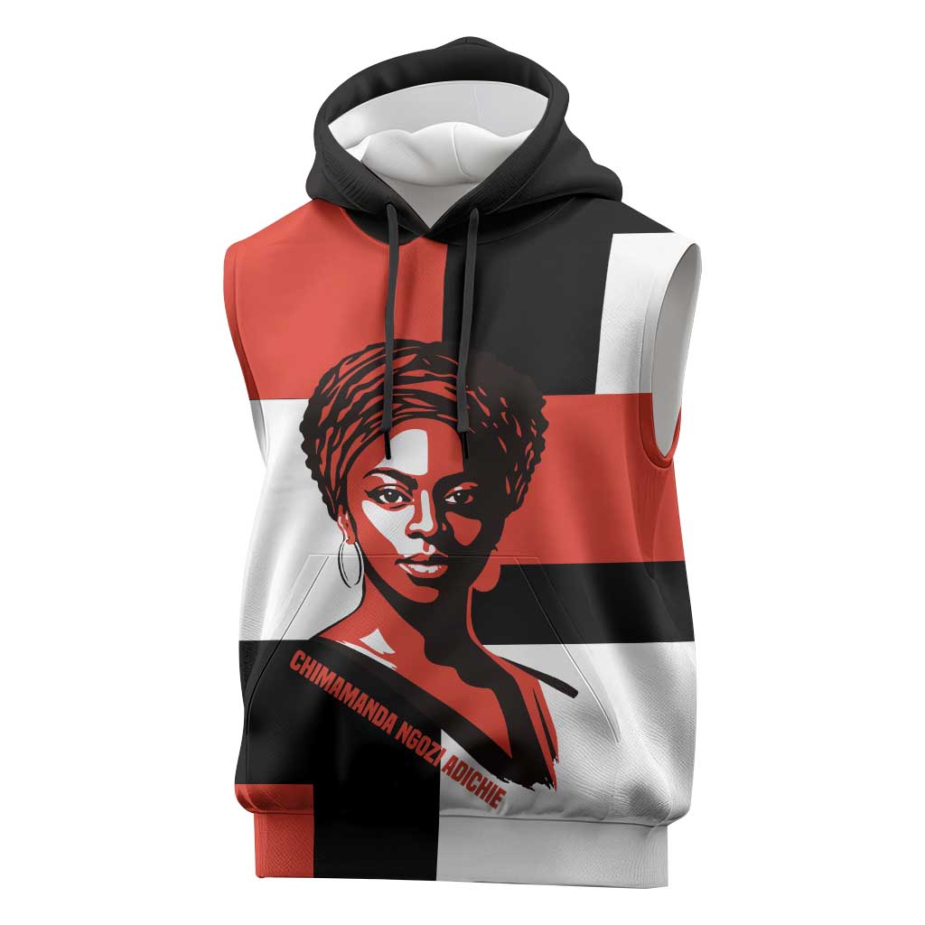 Chimamanda Ngozi Adichie Sleeveless Hoodie with Bold Red Portrait, We Should All Be Feminists Quote - Wonder Print Shop
