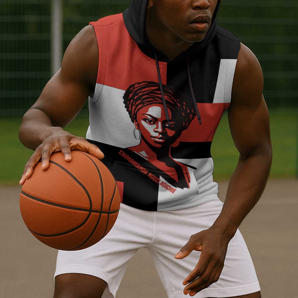 Chimamanda Ngozi Adichie Sleeveless Hoodie with Bold Red Portrait, We Should All Be Feminists Quote - Wonder Print Shop