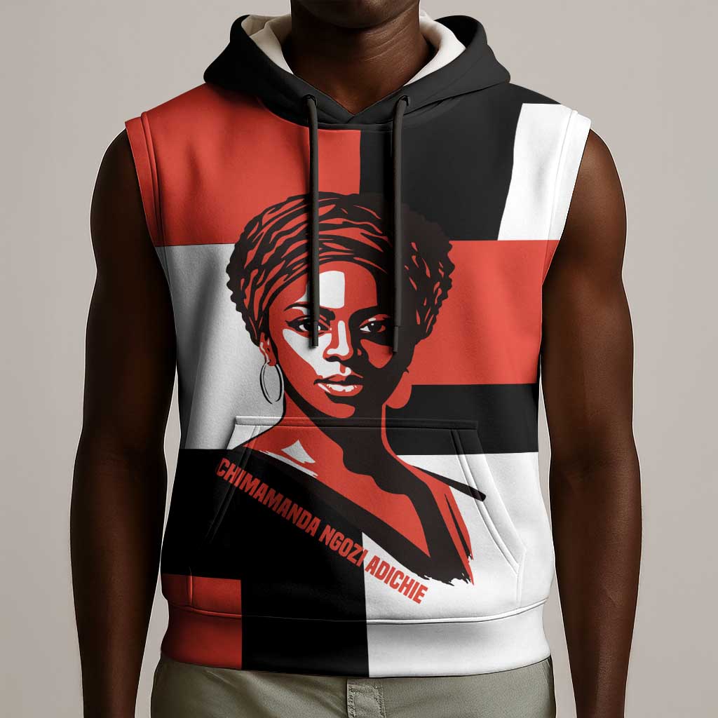 Chimamanda Ngozi Adichie Sleeveless Hoodie with Bold Red Portrait, We Should All Be Feminists Quote - Wonder Print Shop