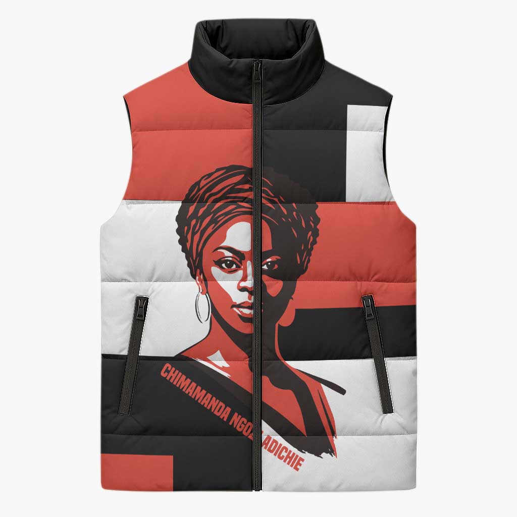 Chimamanda Ngozi Adichie Sleeveless Puffer Jacket with Bold Red Portrait, We Should All Be Feminists Quote - Wonder Print Shop
