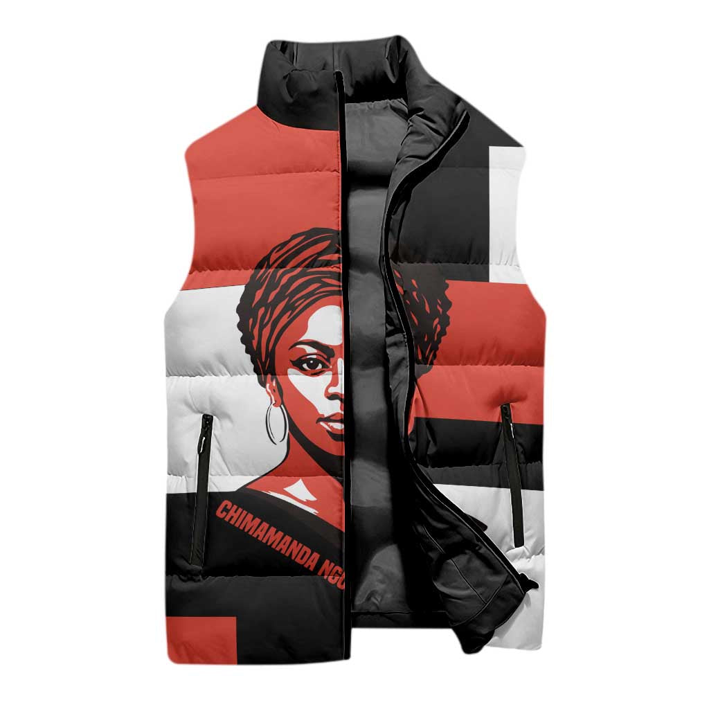 Chimamanda Ngozi Adichie Sleeveless Puffer Jacket with Bold Red Portrait, We Should All Be Feminists Quote - Wonder Print Shop