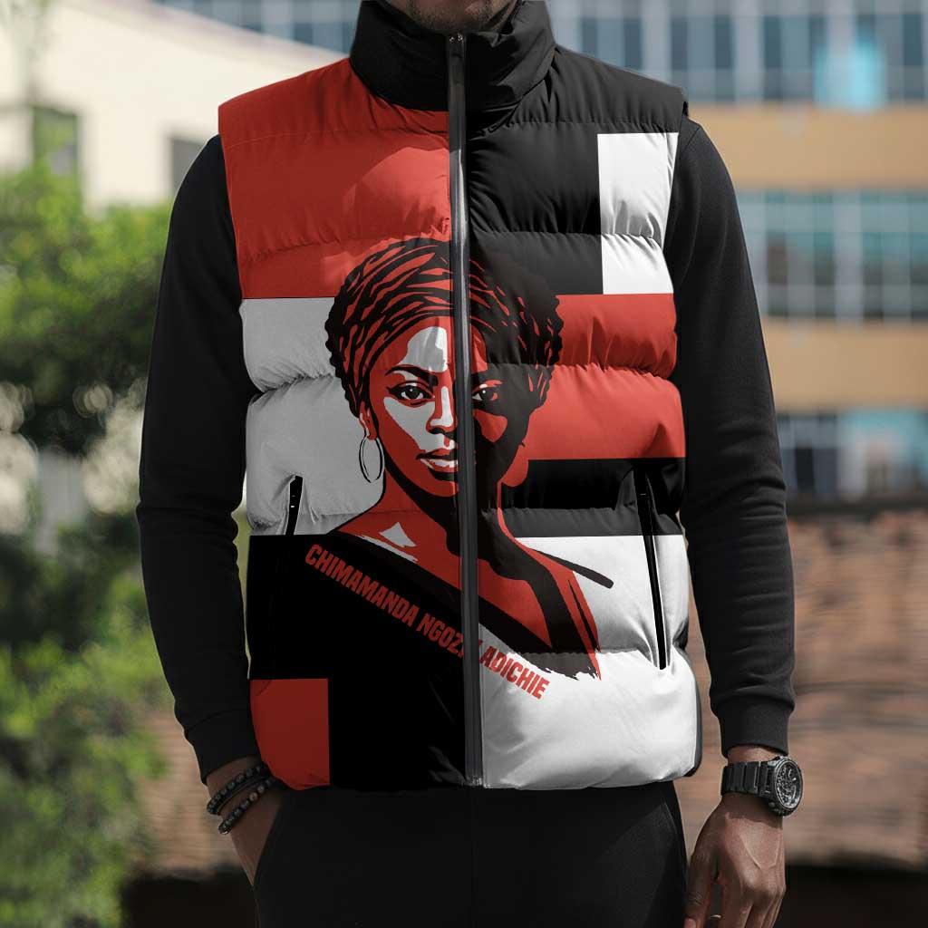 Chimamanda Ngozi Adichie Sleeveless Puffer Jacket with Bold Red Portrait, We Should All Be Feminists Quote - Wonder Print Shop