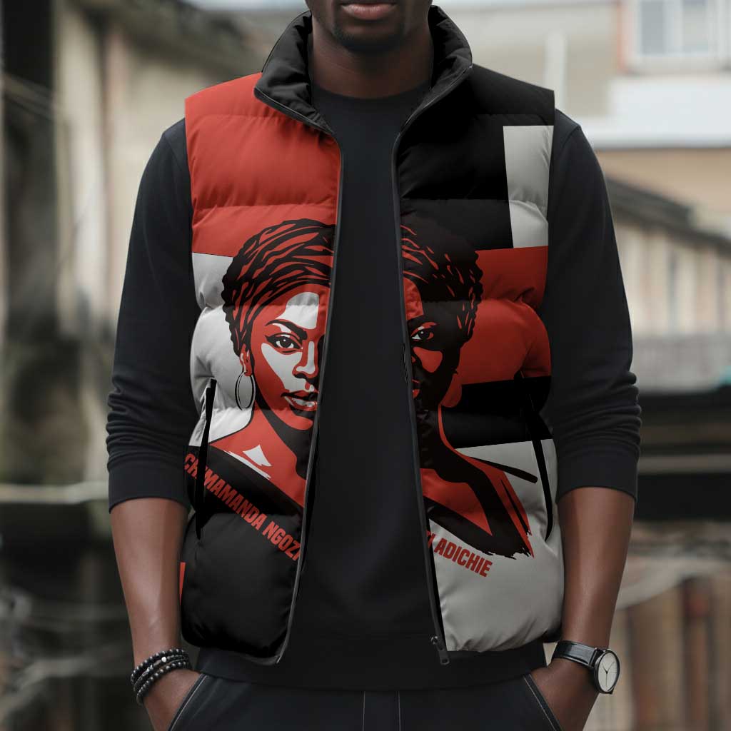 Chimamanda Ngozi Adichie Sleeveless Puffer Jacket with Bold Red Portrait, We Should All Be Feminists Quote - Wonder Print Shop