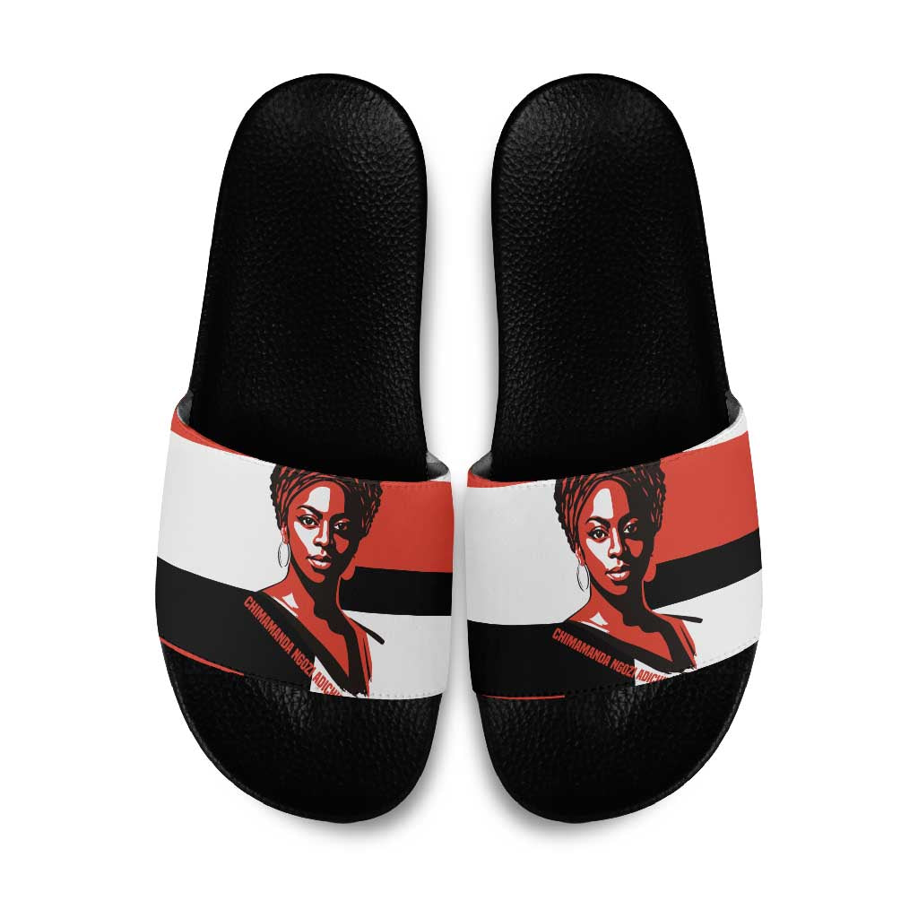 Chimamanda Ngozi Adichie Slide Sandals with Bold Red Portrait, We Should All Be Feminists Quote - Wonder Print Shop