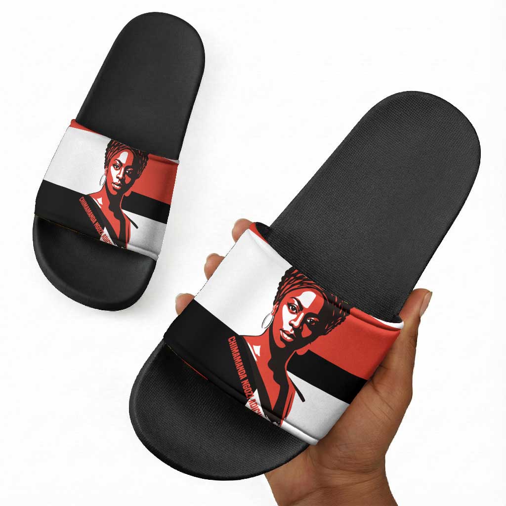 Chimamanda Ngozi Adichie Slide Sandals with Bold Red Portrait, We Should All Be Feminists Quote - Wonder Print Shop