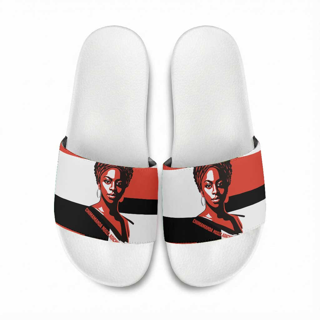 Chimamanda Ngozi Adichie Slide Sandals with Bold Red Portrait, We Should All Be Feminists Quote - Wonder Print Shop