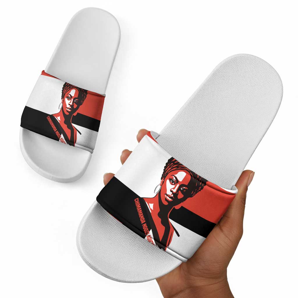 Chimamanda Ngozi Adichie Slide Sandals with Bold Red Portrait, We Should All Be Feminists Quote - Wonder Print Shop