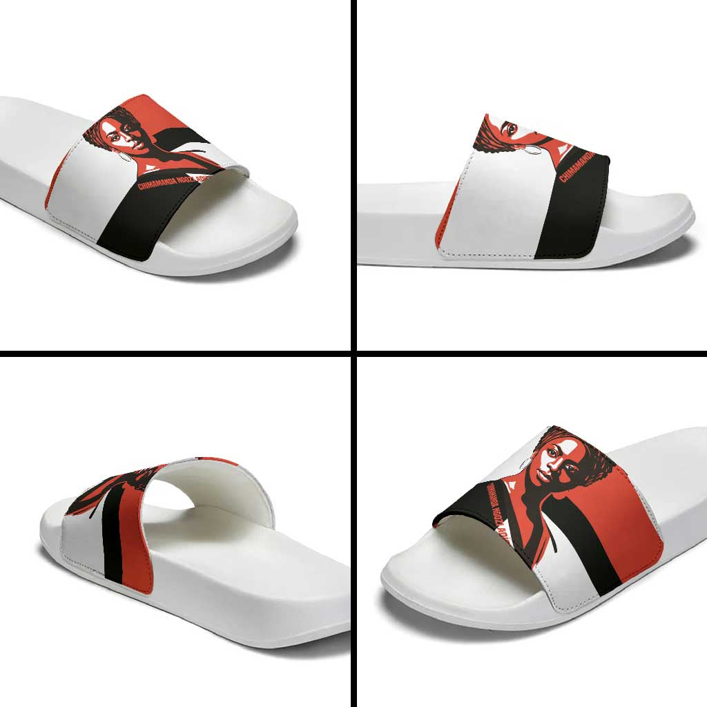 Chimamanda Ngozi Adichie Slide Sandals with Bold Red Portrait, We Should All Be Feminists Quote - Wonder Print Shop