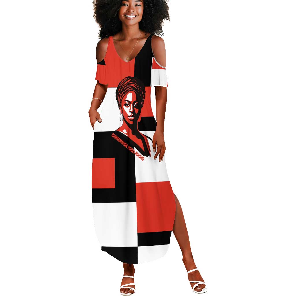 Chimamanda Ngozi Adichie Summer Maxi Dress with Bold Red Portrait, We Should All Be Feminists Quote - Wonder Print Shop