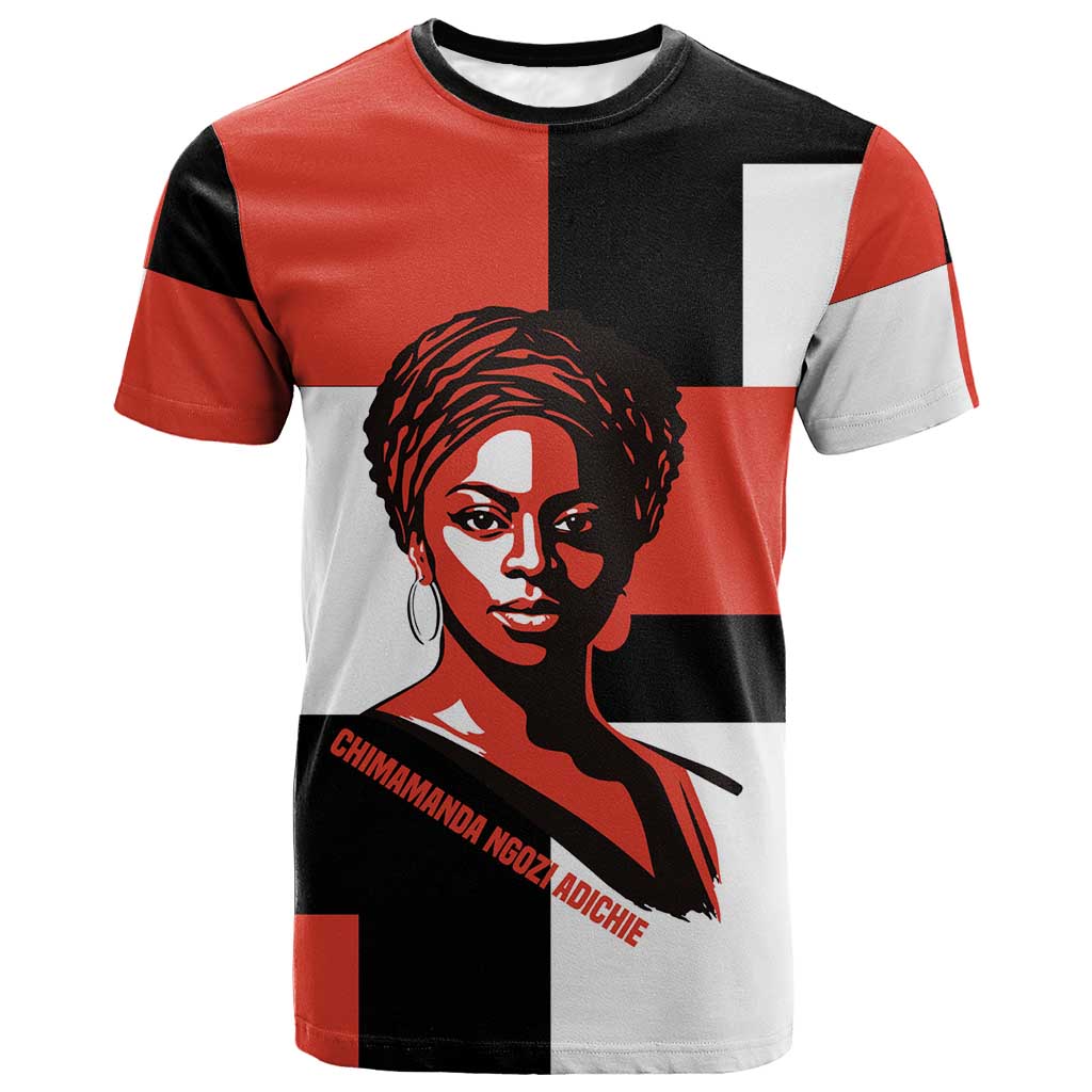 Chimamanda Ngozi Adichie T shirt with Bold Red Portrait, We Should All Be Feminists Quote - Wonder Print Shop