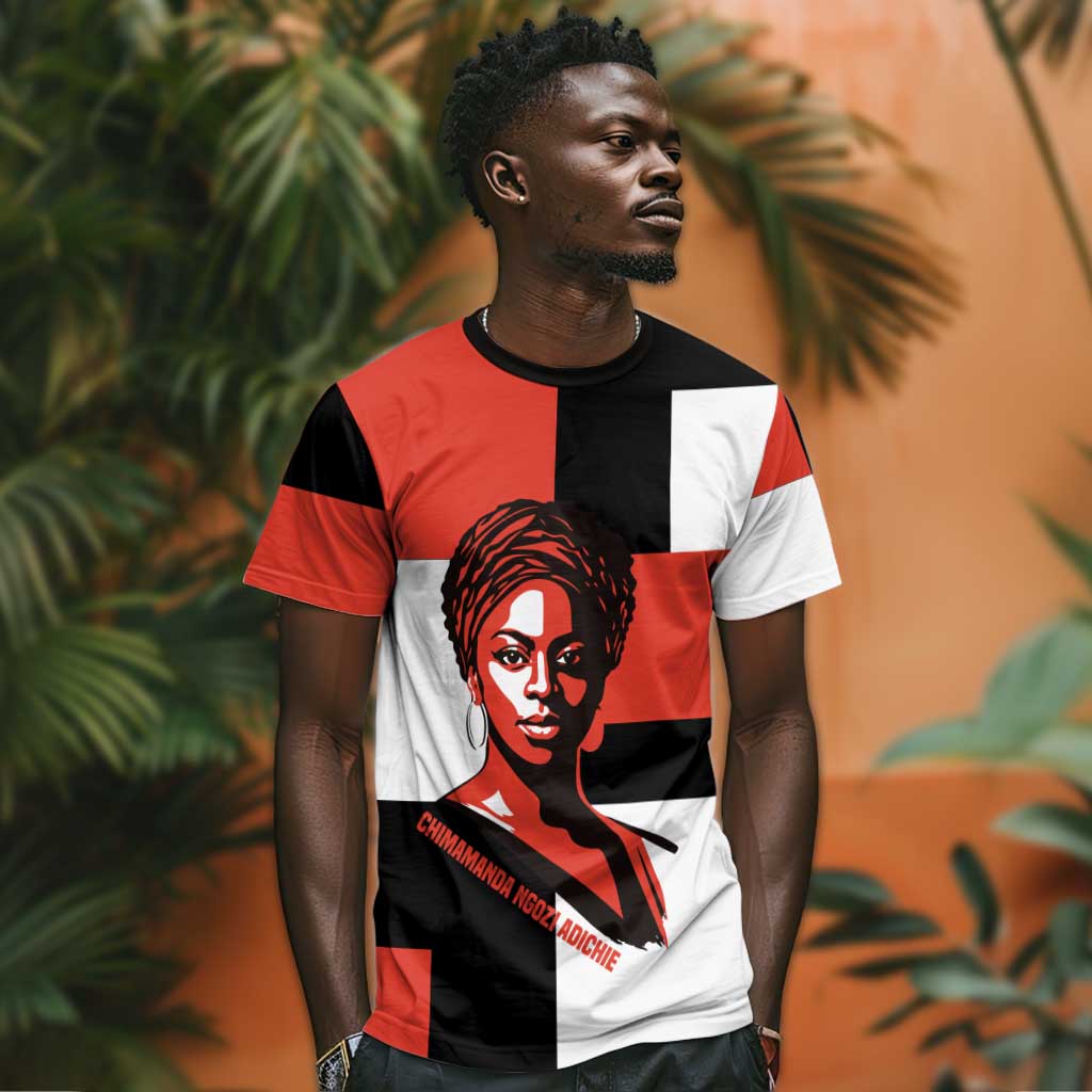 Chimamanda Ngozi Adichie T shirt with Bold Red Portrait, We Should All Be Feminists Quote - Wonder Print Shop
