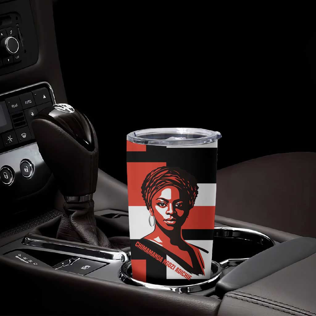 Chimamanda Ngozi Adichie Tumbler Cup with Bold Red Portrait, We Should All Be Feminists Quote - Wonder Print Shop