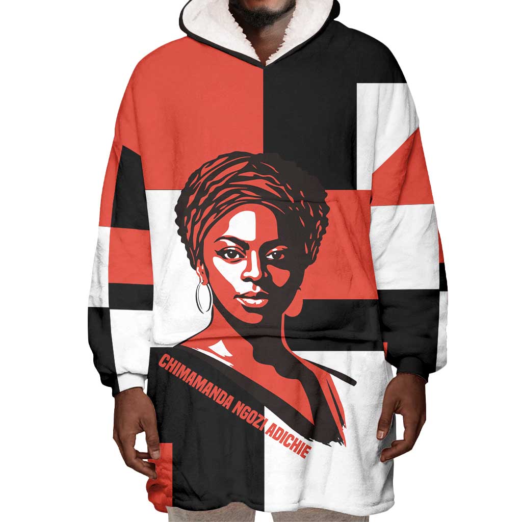 Chimamanda Ngozi Adichie Wearable Blanket Hoodie with Bold Red Portrait, We Should All Be Feminists Quote - Wonder Print Shop