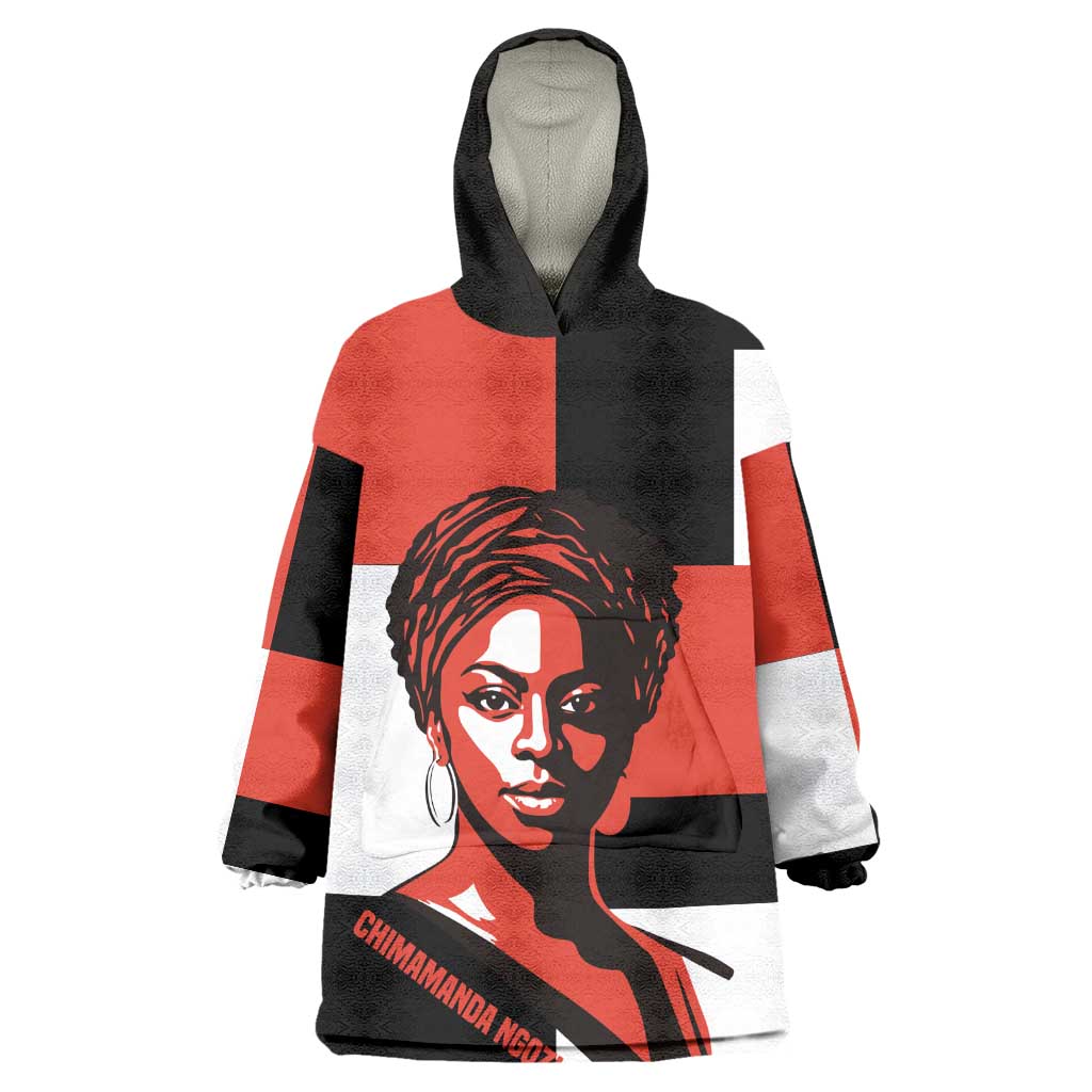 Chimamanda Ngozi Adichie Wearable Blanket Hoodie with Bold Red Portrait, We Should All Be Feminists Quote - Wonder Print Shop