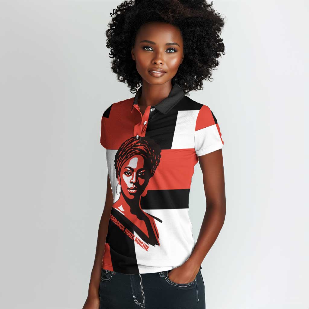 Chimamanda Ngozi Adichie Women Polo Shirt with Bold Red Portrait, We Should All Be Feminists Quote - Wonder Print Shop