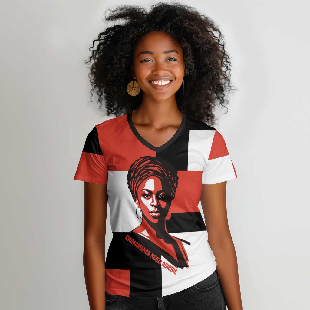 Chimamanda Ngozi Adichie Women V-Neck T-Shirt with Bold Red Portrait, We Should All Be Feminists Quote - Wonder Print Shop
