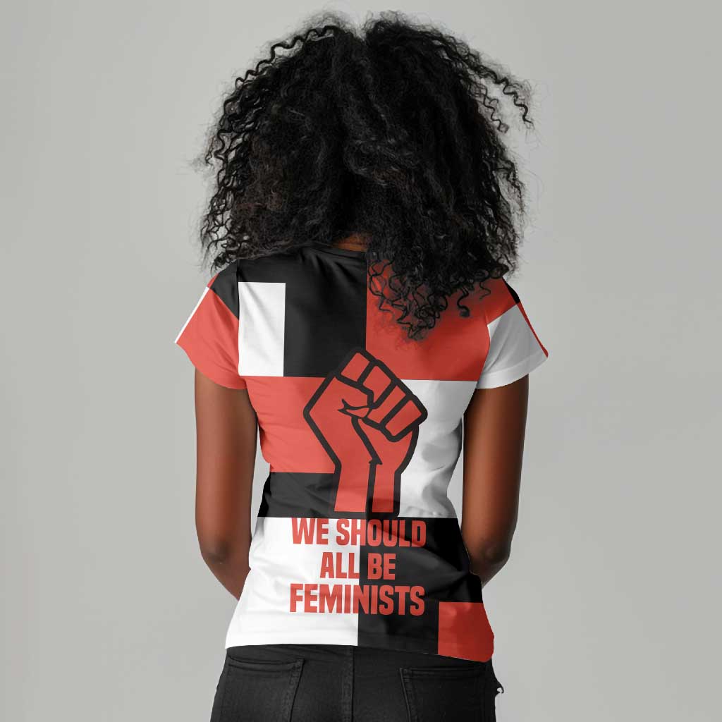 Chimamanda Ngozi Adichie Women V-Neck T-Shirt with Bold Red Portrait, We Should All Be Feminists Quote - Wonder Print Shop