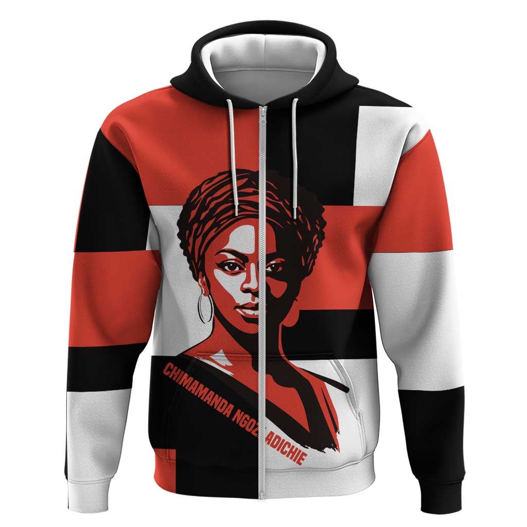 Chimamanda Ngozi Adichie Zip Hoodie with Bold Red Portrait, We Should All Be Feminists Quote - Wonder Print Shop