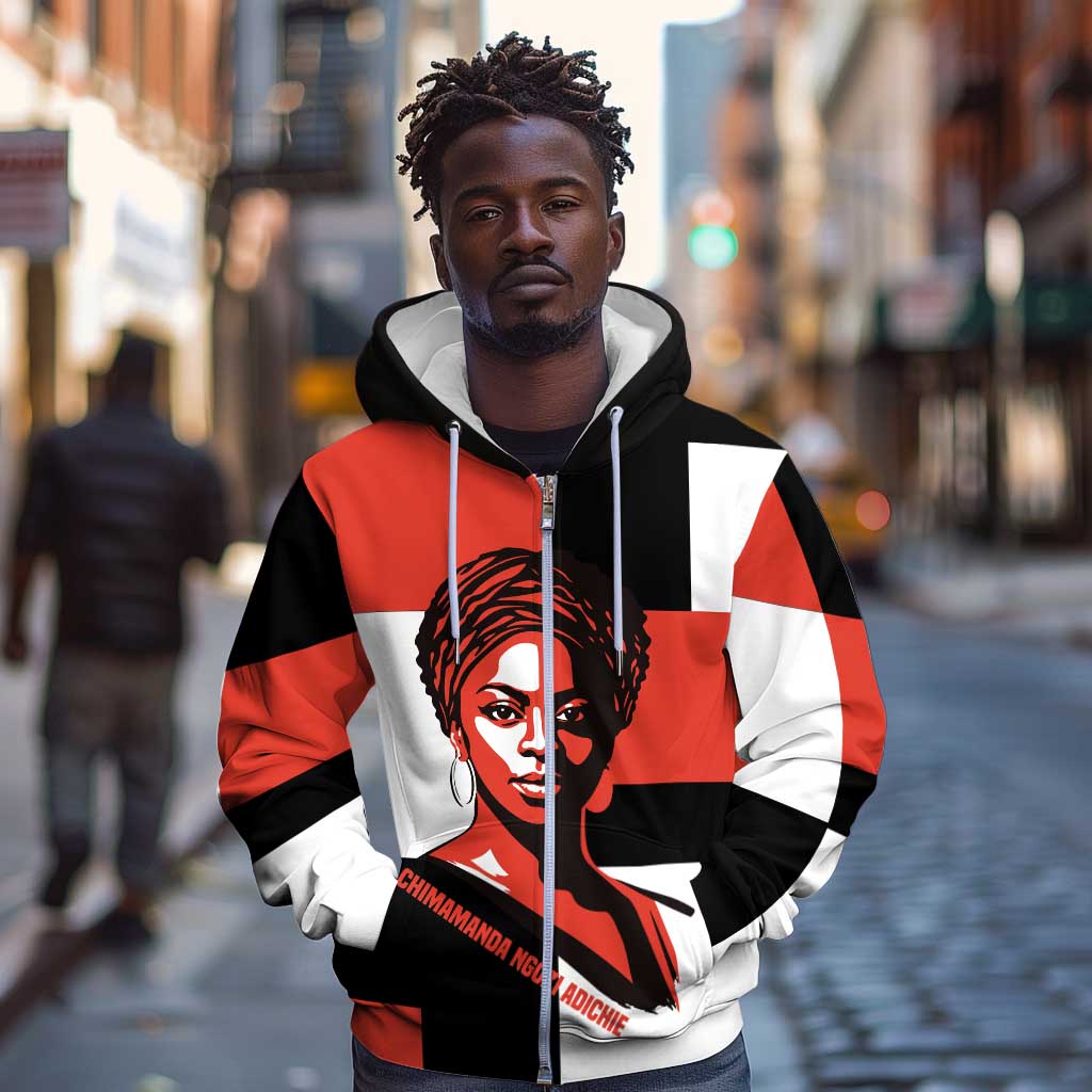 Chimamanda Ngozi Adichie Zip Hoodie with Bold Red Portrait, We Should All Be Feminists Quote - Wonder Print Shop