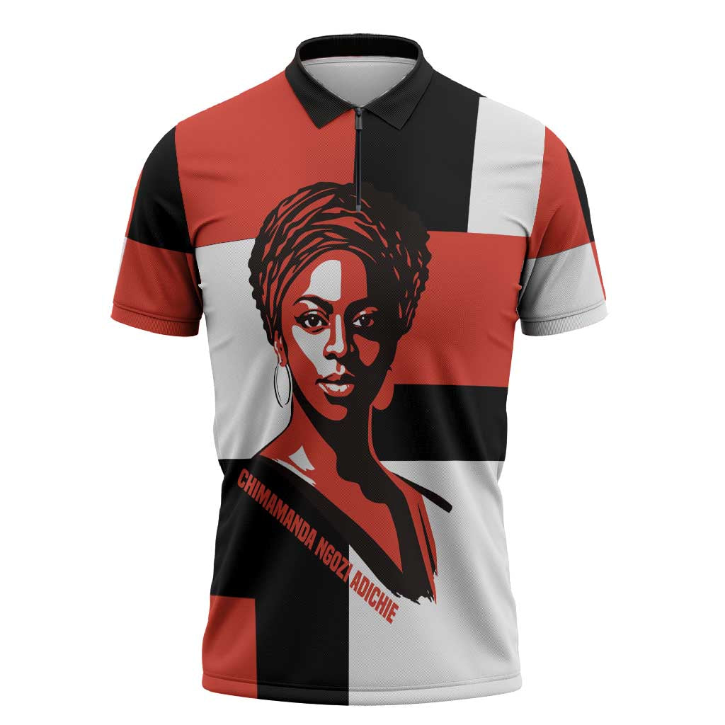 Chimamanda Ngozi Adichie Zipper Polo Shirt with Bold Red Portrait, We Should All Be Feminists Quote - Wonder Print Shop