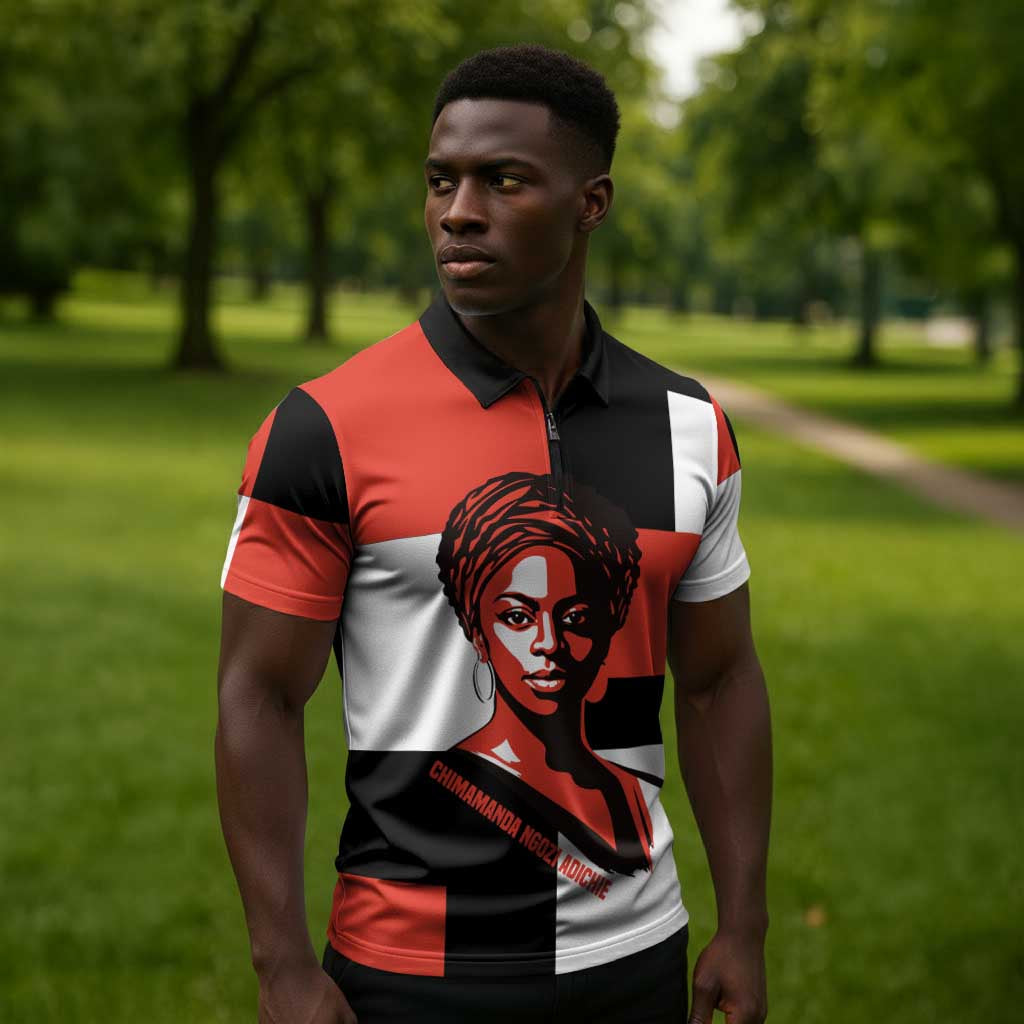 Chimamanda Ngozi Adichie Zipper Polo Shirt with Bold Red Portrait, We Should All Be Feminists Quote - Wonder Print Shop