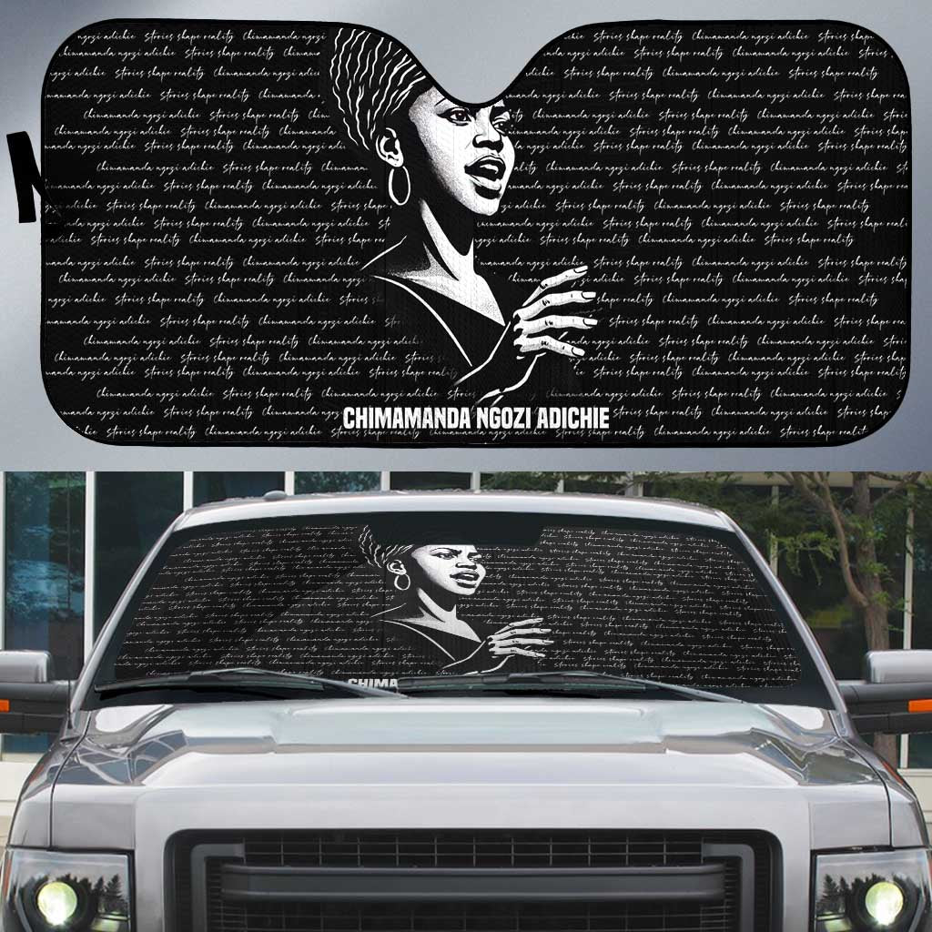 Chimamanda Ngozi Adichie Auto Sun Shade with Expressive Speaking Portrait, Stories Shape Reality - Wonder Print Shop