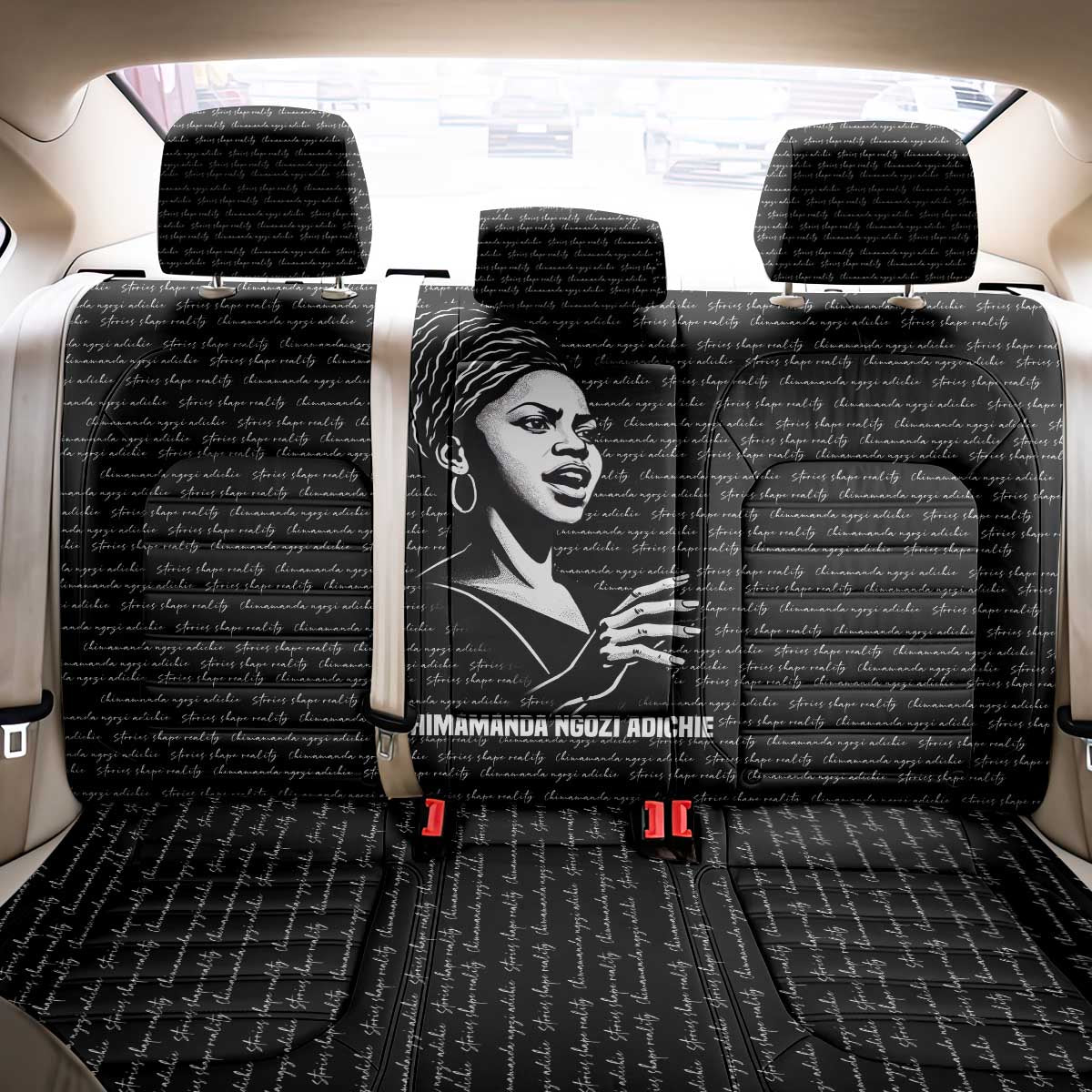 Chimamanda Ngozi Adichie Back Car Seat Cover with Expressive Speaking Portrait, Stories Shape Reality - Wonder Print Shop