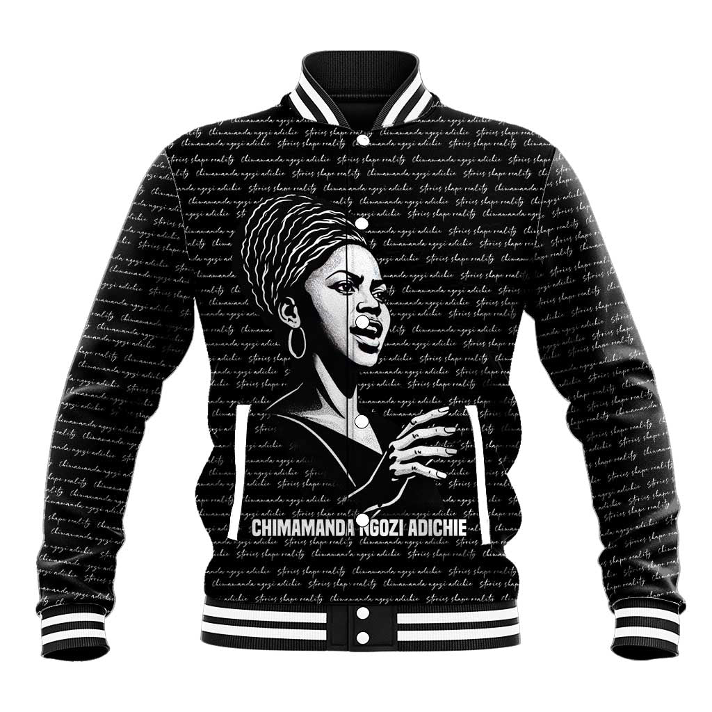 Chimamanda Ngozi Adichie Baseball Jacket with Expressive Speaking Portrait, Stories Shape Reality - Wonder Print Shop