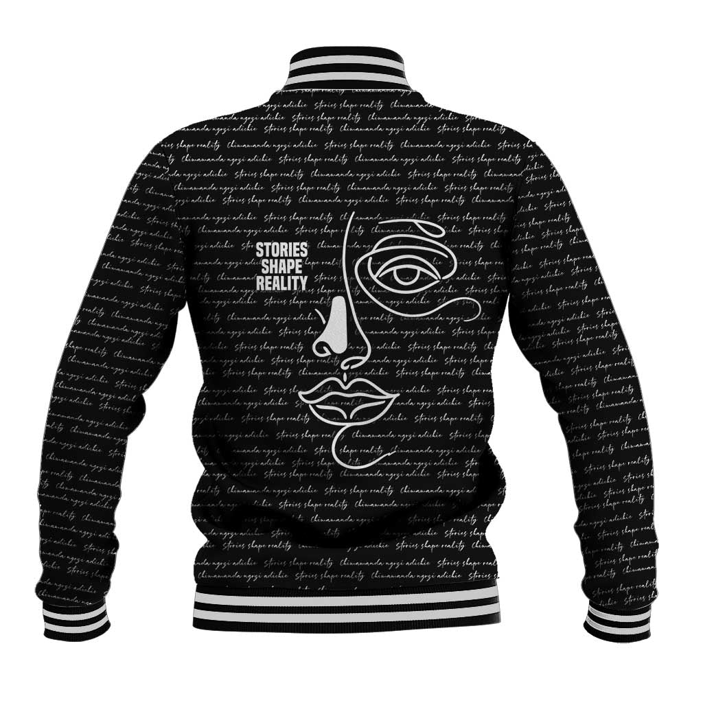 Chimamanda Ngozi Adichie Baseball Jacket with Expressive Speaking Portrait, Stories Shape Reality - Wonder Print Shop
