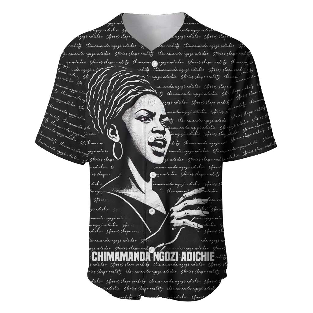 Chimamanda Ngozi Adichie Baseball Jersey with Expressive Speaking Portrait, Stories Shape Reality - Wonder Print Shop