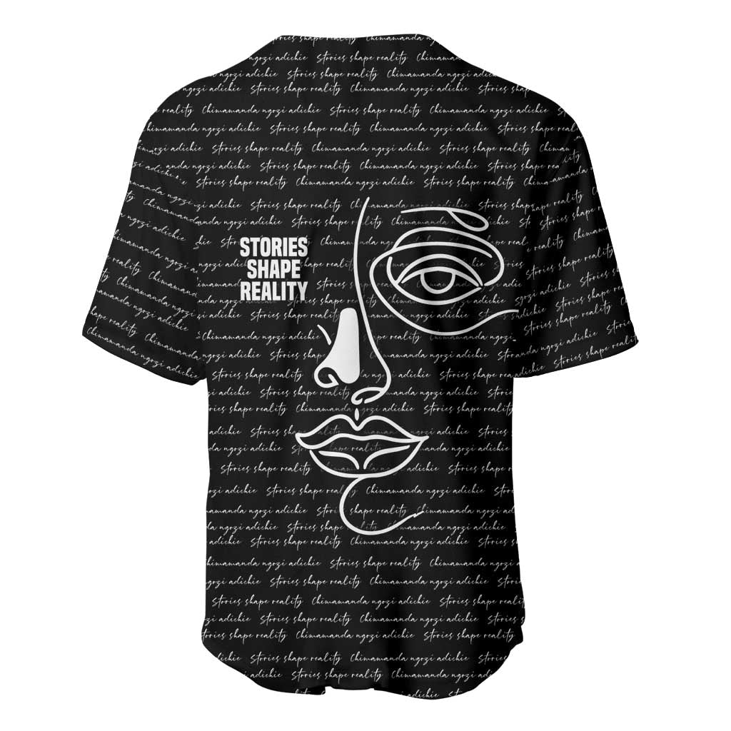 Chimamanda Ngozi Adichie Baseball Jersey with Expressive Speaking Portrait, Stories Shape Reality - Wonder Print Shop