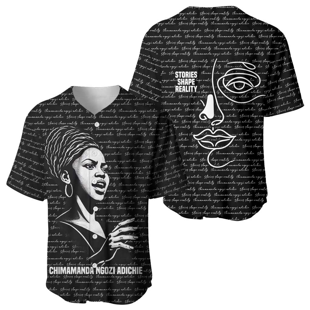 Chimamanda Ngozi Adichie Baseball Jersey with Expressive Speaking Portrait, Stories Shape Reality - Wonder Print Shop