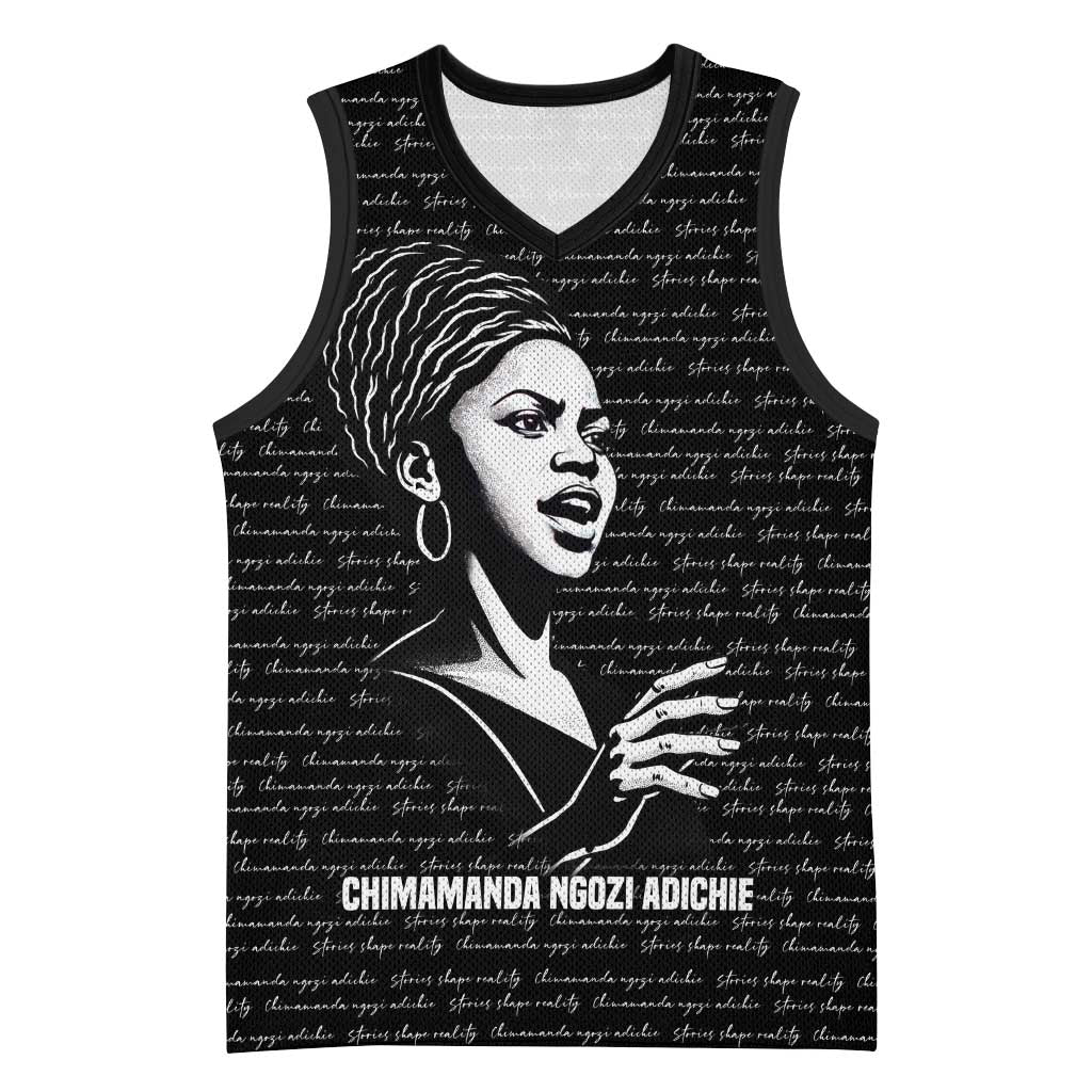 Chimamanda Ngozi Adichie Basketball Jersey with Expressive Speaking Portrait, Stories Shape Reality - Wonder Print Shop