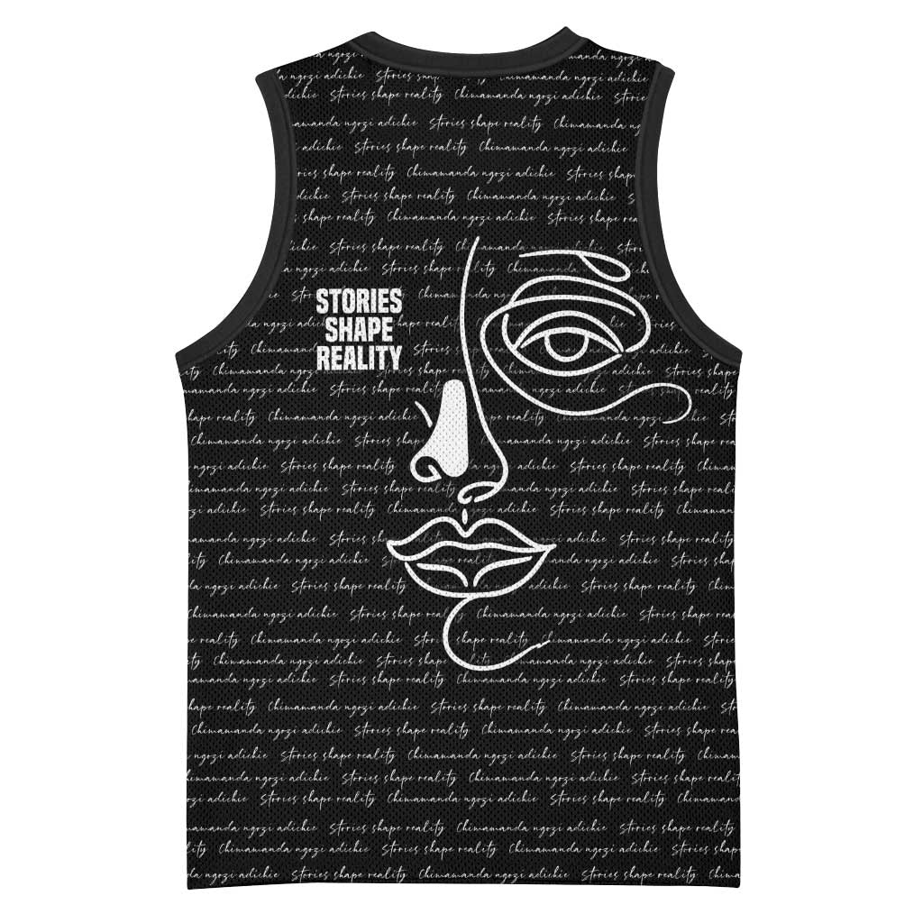 Chimamanda Ngozi Adichie Basketball Jersey with Expressive Speaking Portrait, Stories Shape Reality - Wonder Print Shop