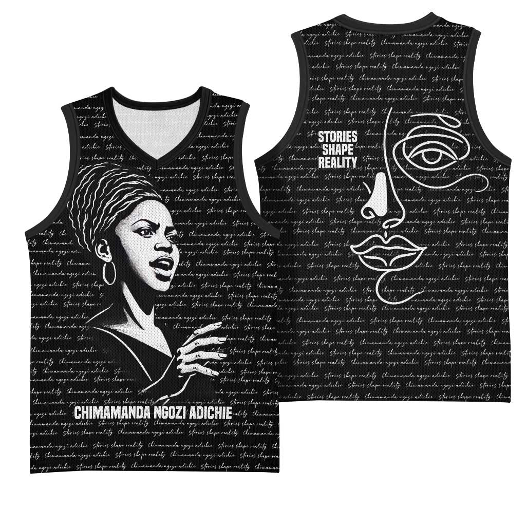 Chimamanda Ngozi Adichie Basketball Jersey with Expressive Speaking Portrait, Stories Shape Reality - Wonder Print Shop