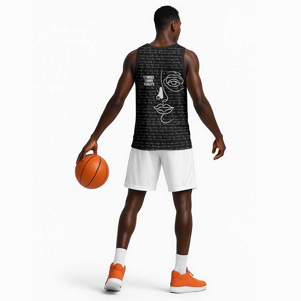 Chimamanda Ngozi Adichie Basketball Jersey with Expressive Speaking Portrait, Stories Shape Reality - Wonder Print Shop