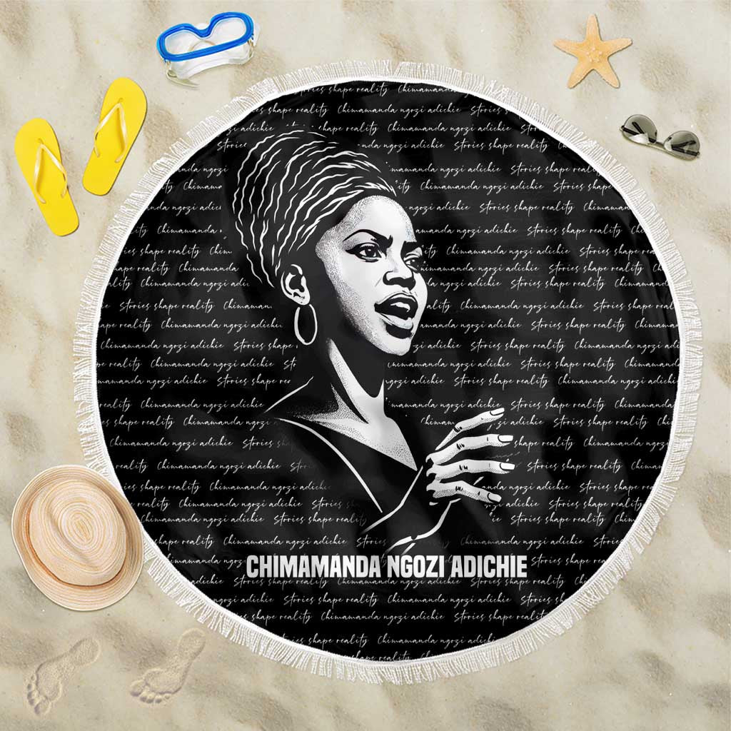 Chimamanda Ngozi Adichie Beach Blanket with Expressive Speaking Portrait, Stories Shape Reality - Wonder Print Shop